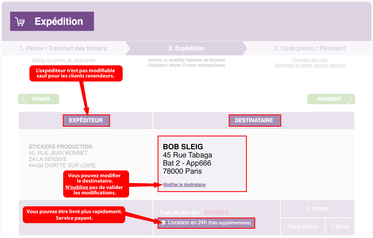 Expedition stickers, explication pour changer le nom du destinataire.