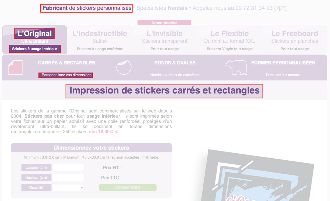 page d'accueil du site stickers discount, explication des différents textes.