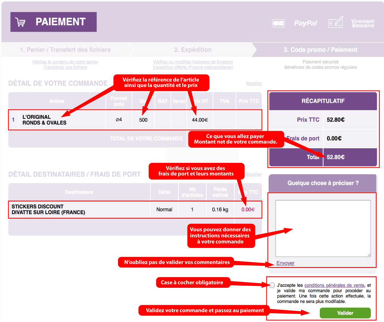 Page paiement, explication pour vérifier la facture et écrire une note supplémentaire.